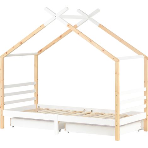 Cama cabaña infantil con cajones de madera de pino y MDF 90 x 200 cm blanco y madera HOMVRA (1/5)