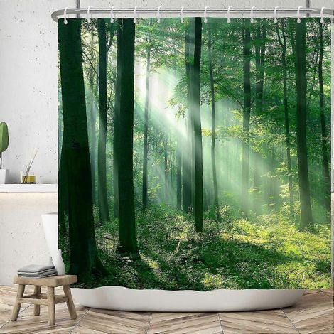 Nouveautés 2023, Rideau de douche Forêt 180x180cm, imprimé 3D, motif soleil matinal, vert naturel (1/5)