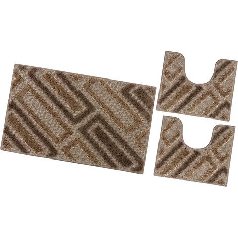 Tappeto Bagno Moderno Parure Set 3 Pezzi Soffice Shaggy Assorbente Antiscivolo Lavabile - Marrone