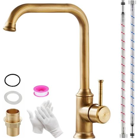 Vintage Antique Brass Kitchen Faucet, Retro Bronze Kitchen Sink Mixer Tap, 360° Swivel Single Handle Kitchen Mixer Tap with G3/8" Water Supply Hose