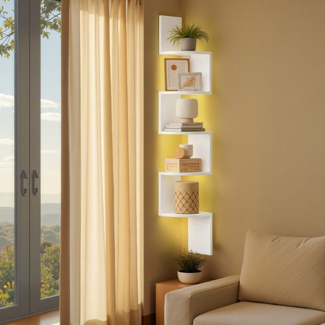 Étagère d'Angle Murale avec Éclairage LED 5 Niveaux en Zigzag 20 x 20 x 126 cm Blanc (1/5)
