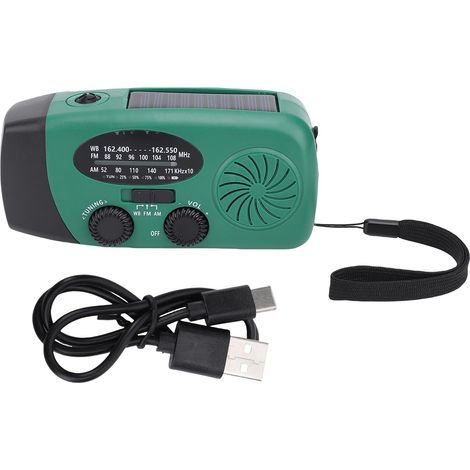 Solar-powered emergency hand-crank weather radio, LED light, SOS alarm, portable AM/FM WB green power bank (1/5)