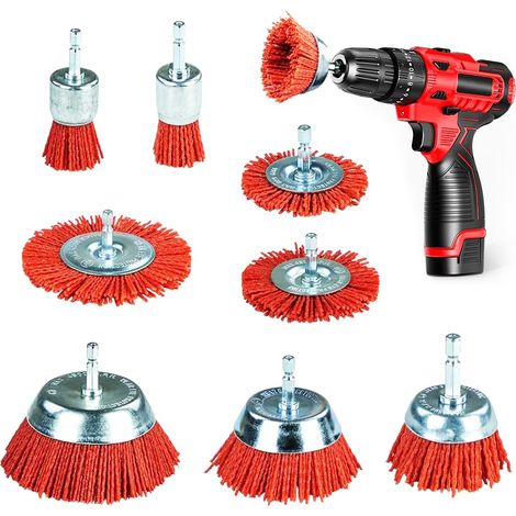 Set mit 8 Nylon-Bohrbürsten – Nylonbürste mit 1/4"-Sechskantschaft – 8 Größen – Schleifende Nylon-Drahtbürsten zum Entfernen von Rost und Korrosionsfarbe – Bürsten (1/5)