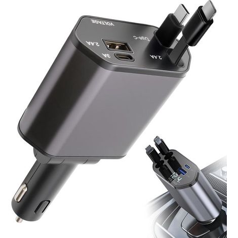 Cargador de coche retráctil de 66 W 4 en 1 con USB-C y pantalla: estación de carga para iPhone y Galaxy. (1/5)