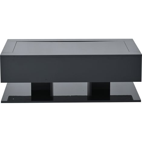 Table basse noire laquée avec 2 tiroirs, plateau en verre trempé et éclairage LED, 100x50x35 cm (1/5)