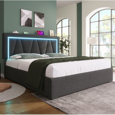 Cama canapé tapizada 160x200 con LED, USB y USB-C, cabecero regulable, con colchón, gris REDOM (1/5)