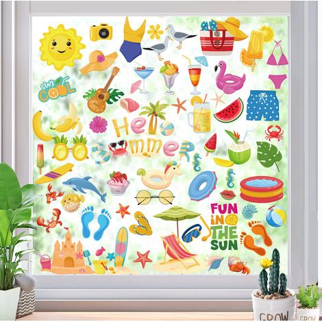 Decal Fenêtre Été - Autocollant Statique Sans Colle PVC Imprimé Recto-Verso - Décoration Fenêtre Piscine Plage Fête - Lot de 12 (1/5)