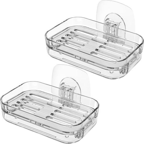 2 porte-savon Divers accessoire de salle de bain, transparent, sans perçage, avec égouttoir, pour lavabo, douche, baignoire et évier (1/5)