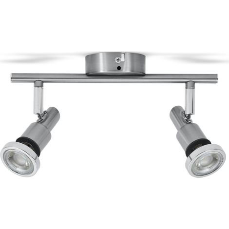 Plafonnier LED 2 spots orientables IP44, métal nickel mat chromé, GU10 5W incluses, 400lm 3000K blanc chaud, pour salle de bain et pièces à vivre