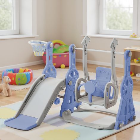 4-in-1 Kinderrutsche, Rutschenset mit Basketballkorb, Schaukelstuhl und Schaukel, modern Basketballkorb, Freistehende Rutsche, für Kleinkinder Indoor und Outdoor, Blau (1/4)