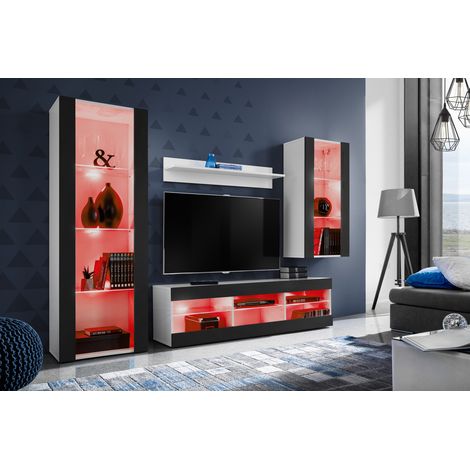 Komodee Ensemble de Meubles Tivoli Medio, Blanc/Noir, Largeur 245cm x Hauteur 159cm x Profondeur 35cm, LED RGB, 3 étagères, pour Salon, Chambre, Entrée
