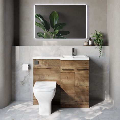 Napoli 390 Tobacco Oak 1000mm 2 Door Vanity Unit Toilet Suite with Right Hand Square Lucia Basin - 1000mm - Gunmetal Grey 160mm HandleWith Kingston Toilet Pan and Seat