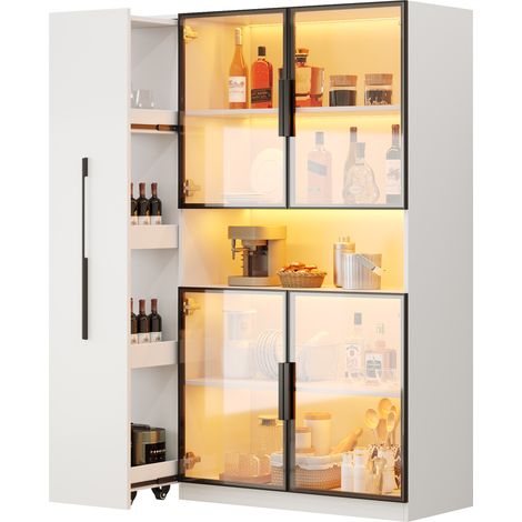 Glasvitrine110×35×160cm, weiß mit LED-Beleuchtung – mit ausziehbaren Regalen, vertikaler Vitrine mit Schubladen und vielseitigen Aufbewahrungsmöglichkeiten für Wohnzimmer, Küchen und Arbeitszimmer. (1/5)