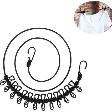 Étendoir à linge portable lot de 1 noir avec 12 clips et boucle antidérapante réglable et rétractable pour camping voyage et séchage du linge (1/5)