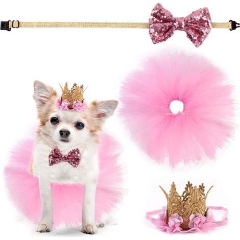 Costume Anniversaire Chien Chat - Jupe Tutu - Nœud Papillon Pailleté - Couronne - Rose - Taille Unique