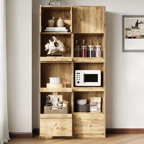 Buffet haut colonne de cuisine 2 portes 50 x 45 x 200 cm meuble micro ondes avec tiroir effet chêne (1/5)