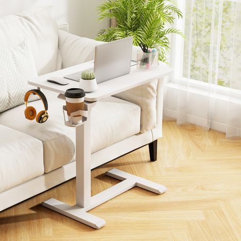 Bureau Mobile Debout Table de Chevet Réglable en Hauteur avec Support pour Tasse et Crochet pour Écouteurs avec Roues Cachées Blanc (1/5)