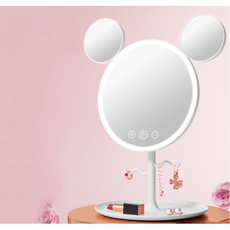 Miroir maquillage LED oreilles souris - Avec porte-bijoux et support, éclairage 3 couleurs posable