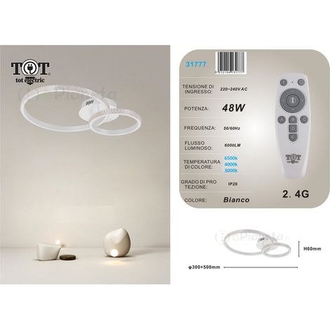 Plafoniera led 48w 2 cerchi effetto cristallo con telecomando moderno anelli circolare bianco oro nero  Bianco