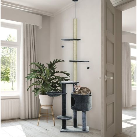 Tiragraffi da soffitto per gatti 220-265 cm con cuccia e amaca, grigio scuro OKMYHOME (1/5)