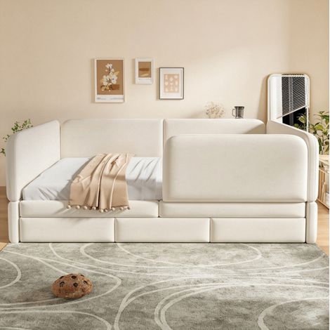 Polster-Kinderbett 140 x 200 cm mit Schubladen und Rausfallschutz, beige HAVRYA (1/5)