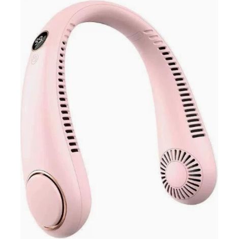 Ventilador de cuello sin aspas con correa de muñeca manos libres, rotación de 360°, pantalla digital, 5 velocidades ajustables (rosa). (1/5)