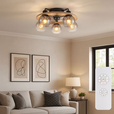 LED Deckenventilator mit Fernbedienung Deckenleuchte Holz Ventilatorlampe Rauchglas, Metall Glas, 5x 6,5W 806Lumen warmweiß, DxH 55x21,5 cm