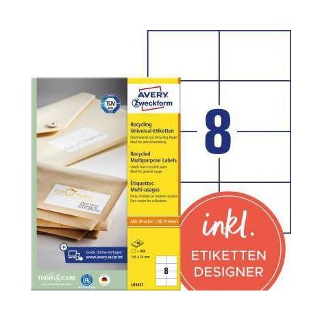 AVERY ZWECKFORM Universaletikett Avery Zweckform Recycling 105 x 74 mm (B x H) nicht wieder ablösbar 100 %Altpapier naturweiß 800 Etik./Pack. (1/4)