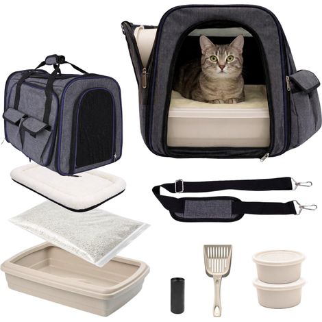 Kit de voyage pour chat, litière, mangeoire, abreuvoir, lit, pelle (1/5)