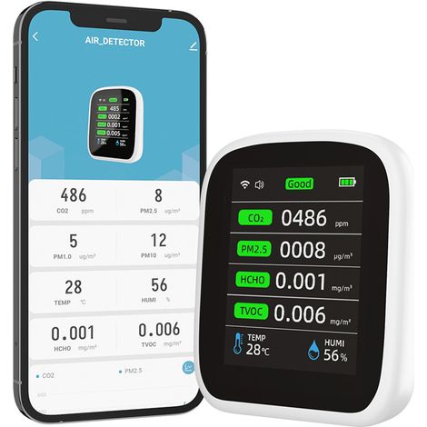 Tuya Wifi Compteur de qualité de l'air portable 8 en 1 PM1.0 PM2.5 PM10 CO2 TVOC HCHO Testeur de température et d'humidité Écran couleur LCD Détecteur de dioxyde de carbone avec fonction d'affichage d (1/5)