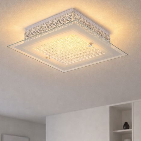 LED Deckenleuchte Kristalle Kristallleuchte Glas opal Deckenlampe Wohnzimmer, Metall Chrom, LED 12W 1030Lm warmweiß, LxBxH 30x30x8 cm