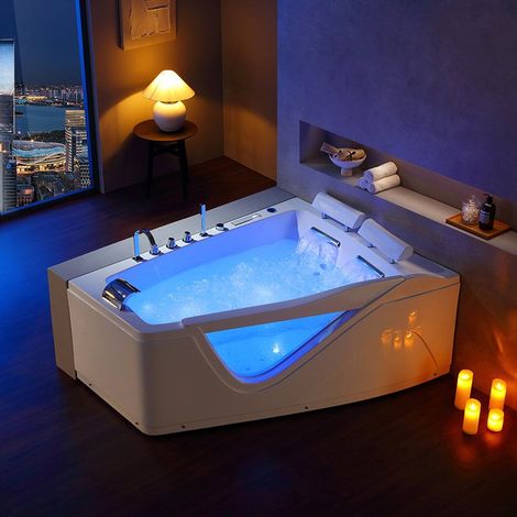 Distribain – Baignoire balnéo asymétrique 2 places – 47 jets hydromassage – Acrylique renforcé – Dimensions 170 x 130 x 77 cm – Chromothérapie intégrée (1/5)