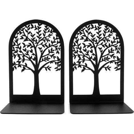 Serre-Livres - Métal Noir - Design Arbre Creux - Antidérapant - Pour Bureau École Maison - 2 Pièces (1/5)