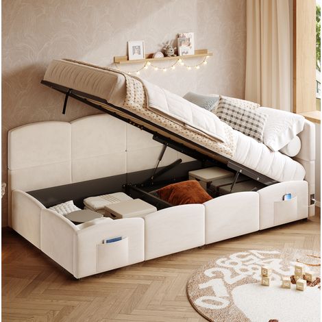 DESVIAE Lit banquette enfant adulte avec rangement hydraulique ports USB A et USB C poches de rangement 90 x 200 cm beige velours (1/5)