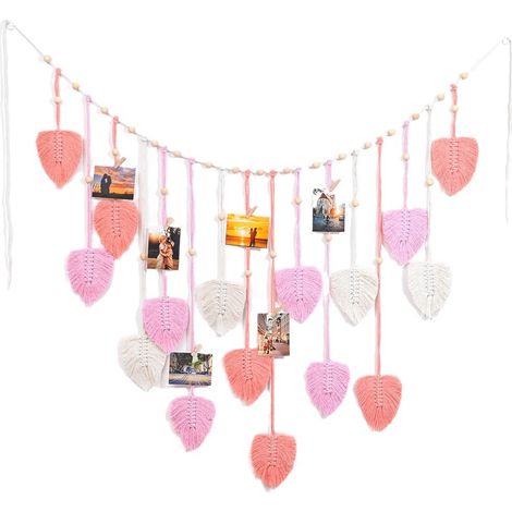 Guirlande de feuilles style bohème, décoration murale en macramé, photo à suspendre, rose (120 x 75 cm) (1/5)