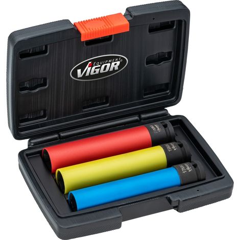 VIGOR Schlagschrauber Steckschlüssel Satz, extra lang, 1/2 (12,5 mm) Vierkant hohl, Außen Sechskant Profil, 3-tlg., 17, 19, 21 mm, Anzahl Werkzeuge: (1/4)