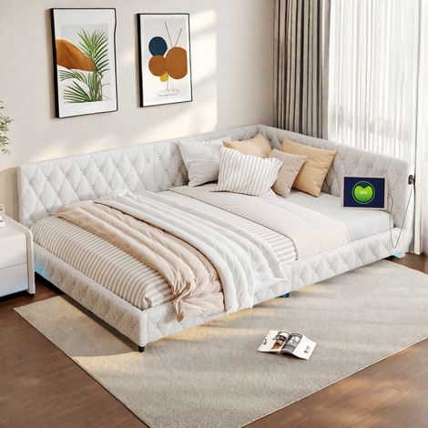 Canapé-lit 140 x 200 beige avec lumière ambiante LED - Lit capitonné avec USB et Type-C - Velours teddy - Sommier à lattes en bois - Salon/Chambre