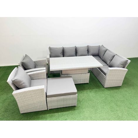 Fimous 9 Seat Rattan Garden Furniture Corner Sofa Set Outdoor Adjustable Lifting Dining or Coffee Table Set with Big Footstool Light Grey (1/4)