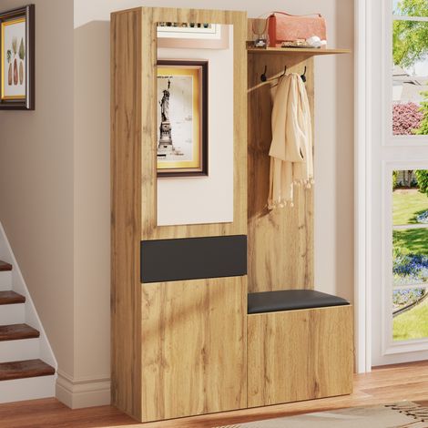 Set ingresso 98.5x38x191 cm, appendiabiti con specchio, scarpiera, panca, MDF, nero naturale (1/5)