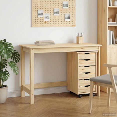 Ensemble bureau et caisson roulant 2 pièces en pin massif marron, 23.96kg - PANGIVO (1/5)