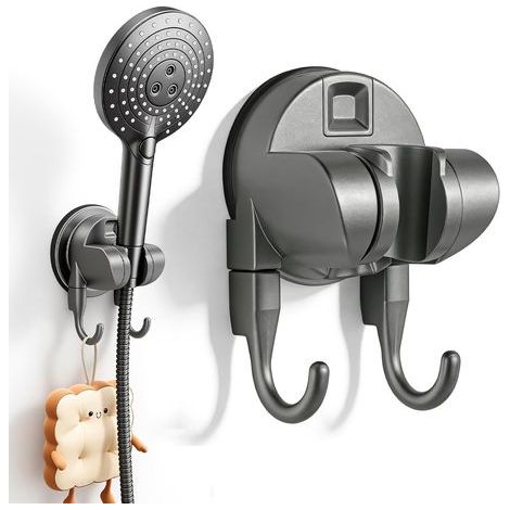 Support Pommeau de Douche Ventouse, Accroche Pommeau de Douche Réglable, Support Douchette Mural avec 2 Crochets, Réutilisable Porte Douche Sans Percage pour Salle de Bains (1/5)