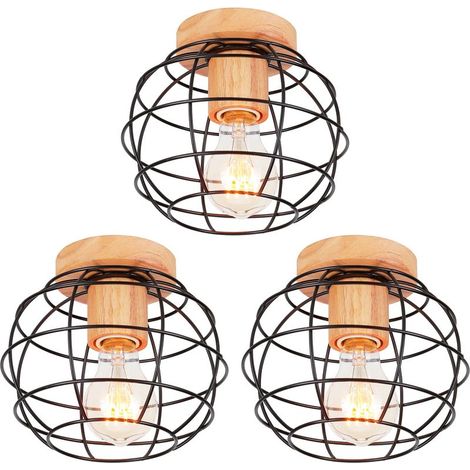 3 Pack Plafonnier Vintage Rétro Luminaire Industrielle en Métal et Bois E27 40W Noir (1/5)