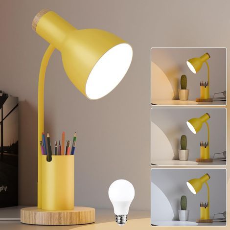 Lampe de bureau avec porte-stylo, accent en bois, réglable, lampe de table moderne (Jaune) (1/5)