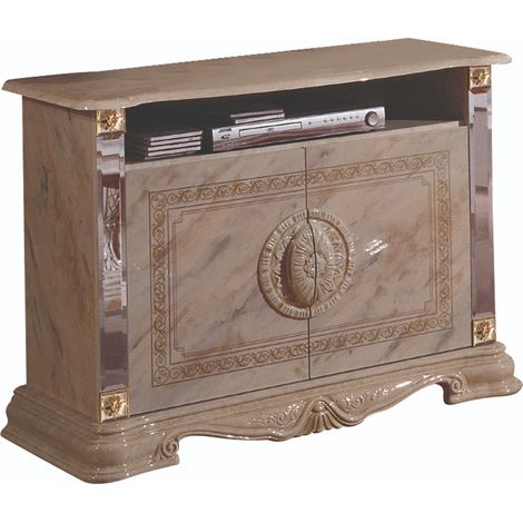 Meuble TV 2 portes 1 niche bois vernis laqué brillant beige et onyx effet marbré Lesly 106cm