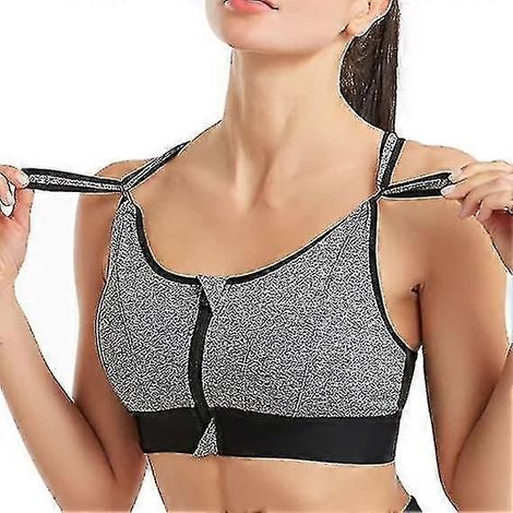 Soutien-gorge de sport à maintien élevé pour femme, soutien-gorge de course et de yoga à fermeture éclair sur le devant avec bretelles réglables - Taille 3XL - Gris (1/5)