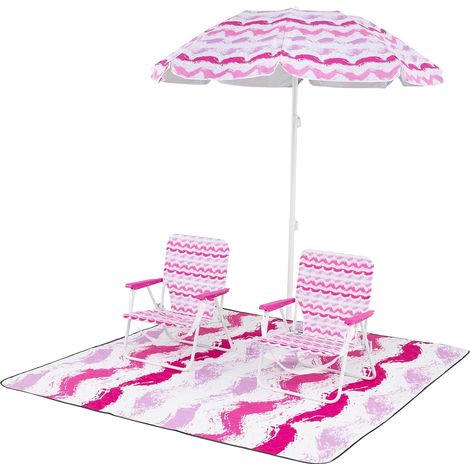 GOPLUS Lot de 4 Salon de Jardin 2 Personnes, Chaise Camping Plage Exterieur avec Parasol Plage, 1 Tapis, Portable Pliante, Sac de Transport, Ancre de Sable, Abri de Soleil pour Plage, Camping, (Rose) (1/5)