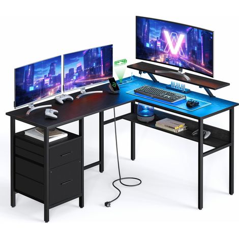 Bureau en L avec Multiprise, d'angle, Informatique avec Rehausseur d'Écran, Gaming LED, 2 Tiroirs, 2 Ports USB, Facile à Monter, Noir Boisé LWD095B01 (1/5)