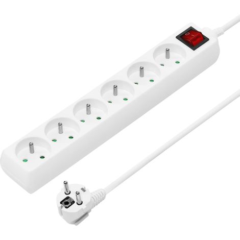 Multiprise avec Interrupteur Secteur 2m, 6 Prises, Rallonge 230V, 6 Prises Françaises Tournées à 45°, Multiprise avec Sécurité Enfant, Couleur Blanc (1/5)