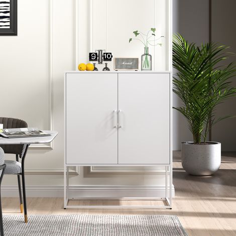 Credenza in metallo bianco 85 x 40 x 109 cm con 2 ripiani fissi, ante magnetiche e fissaggio a muro (1/5)