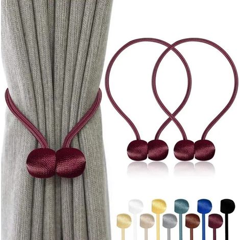 Lot de 2 embrasses rideaux magnétiques, 10 couleurs, corde polyester renforcée – pour salon, chambre, salle à ma - Rouge Foncé 2 PCS (1/5)